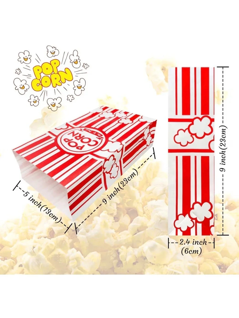 50 Pack Red and White Popcorn Bags with Flat Bottom and Leak Proof Design